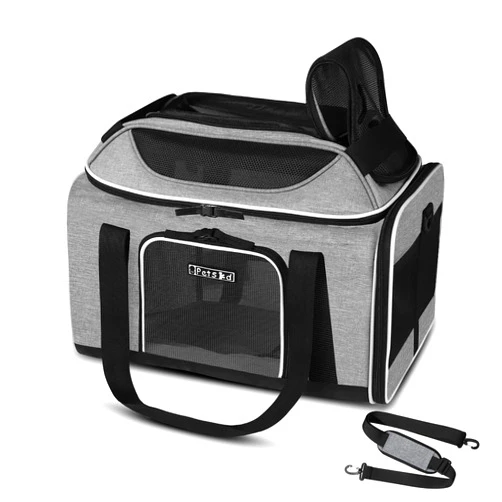 Petskd Top-Expandable Pet Carrier 17x11x9.5 Inches Alaska Airline Approved, Soft-Sided Carrier for Small Cats and Dogs with Locking Safety Zippers and Anti-Scratch Mesh(Grey)