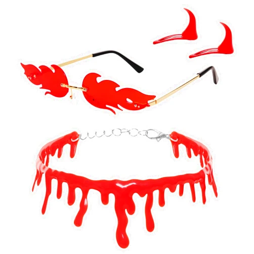 Nfvjfxz 4pcs Red Blood Chokers Necklace Devil Horn Hair Clip and Fire Flame Sunglasses for Halloween Party Cosplay Costumes Accessories