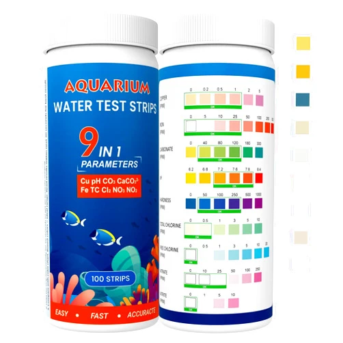 AKSBTEC 9 Parameters in 1 Fish Tank Test Strips,Aquarium Test Kit,Freshwater Test Strips, Accurate & Fast Test Carbonate pH Hardness Copper Iron Total Chlorine Free Chlorine Nitrate Nitrite,100 Strips
