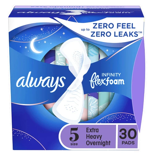 Always Infinity Feminine Pads for Women, Size 5 Extra Heavy Overnight, with Wings, unscented, 30 Count