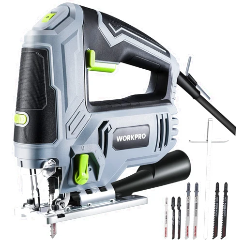 WORKPRO Jigsaw, 6.5AMP 850W Corded Electric Jig Saw Tool Kit with 6 Variable Speeds, 7 Blades, ±45° Bevel Cutting, LED Light, 3000 SPM, 4 Orbital Settings, Edge Guide, Tool-free Blade Changing