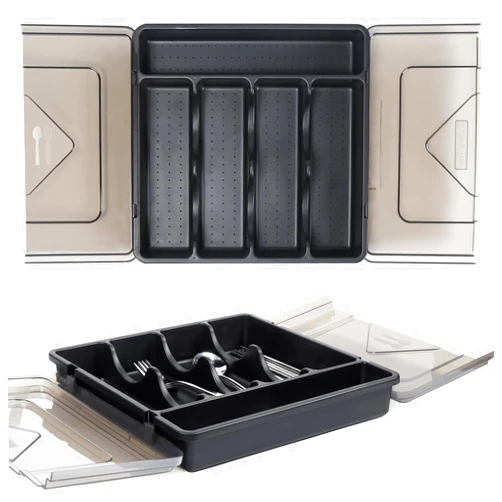 Loobuu Utensil Drawer Organizer with Lid Set of 2, Silverware Tray for Kitchen Drawer, Plastic Cutlery Organizer in Drawer, 5 Compartments Flatware Organizer Tray for Kitchen and Office Drawer Storage