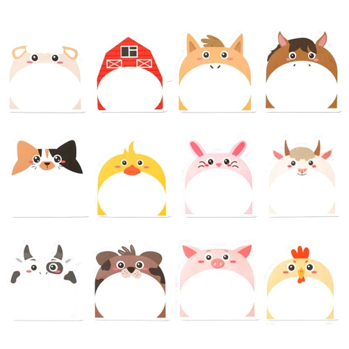 IDTogAoE 12 Pack 360 Sheets Cartoon Farm Animals Shape Markers Flags Self-Stick Memo Pads, Cute Animal Design School Supplies, Fun Teacher & Student Notepad for Classroom, Office, Home