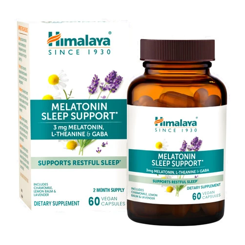 Himalaya Melatonin Sleep Support with GABA, L-Theanine and Melatonin 3mg for Sleep Support and Occasional Sleeplessness, 60 Capsules, 2 Month Supply