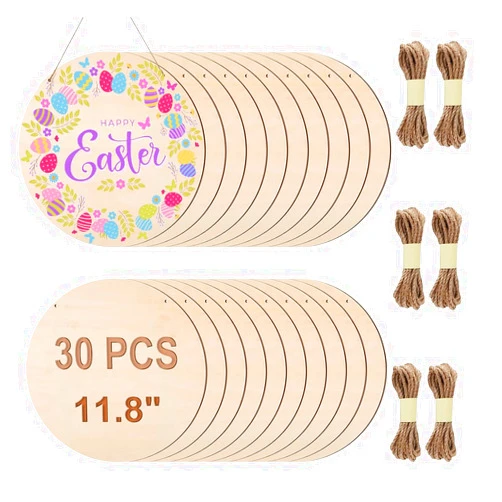 Adboros Wood Circles for Crafts, 12 Inch Blank Unfinished Wood Crafts DIY Painting Round Disc Cutouts with Twine Door Hanger Circle Blank Wooden Signs Home Decor Christmas (30)
