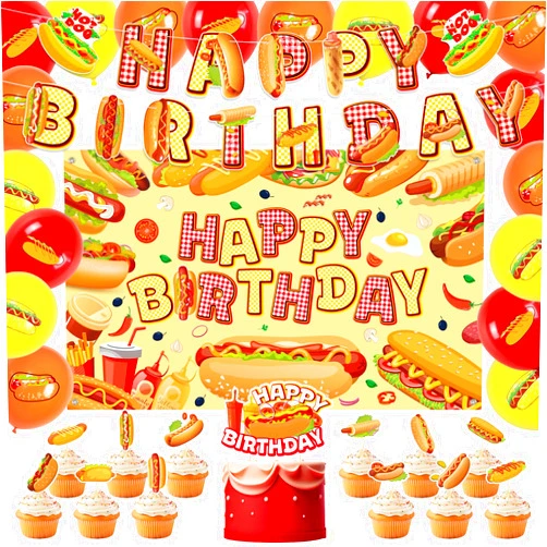 Miraitowa Hot Dog Birthday Party Decorations, Hot Dog Party Supplies Includes Happy Birthday Banner, Backdrop, Balloons, Cupcake Toppers, Cake Topper, for Fast Food Party