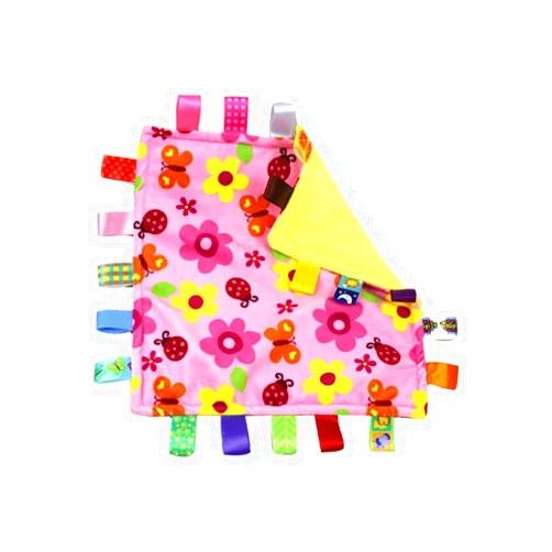 G-Tree Pink Flower Tag Comforter Security Blankets with Colorful Tags Infants Toddlers Soft Plush Taggie Blanket Newborn Baby Girl Gift
