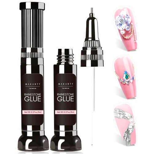 Makartt Nail Rhinestone Glue Gel, Upgrade Gel Nail Glue with Brush Pen Tip Super Strong Adhesive Precise for Nail Charms Crystals Rhinestone Beads Flower 3D Decorations 8ml*2