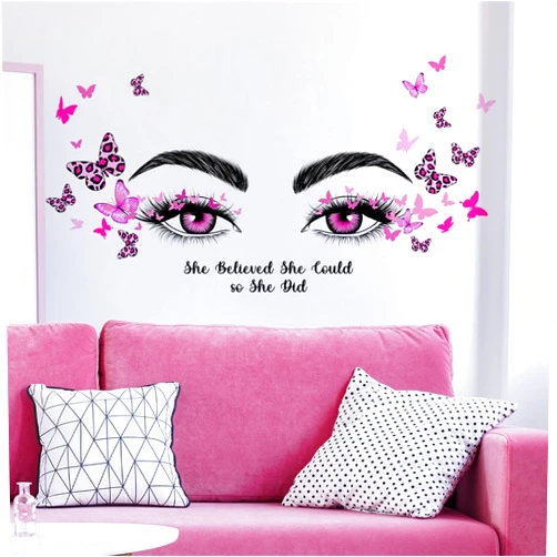 Sacinora Pink Eyelash Eyes Butterfly Wall Stickers, sacinora Inspirational Quotes Motivational Word DIY Wall Decals Removable Vinyl Peel and Stick for Women Girl Kids Living Room Bedroom Nursery Art Decor