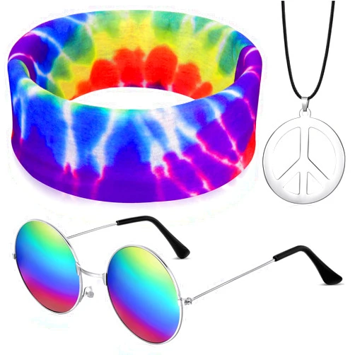 Frienda 3 Pcs Hippie Accessories Costume, 70s Rainbow Leopard Outfit, Hippie Headbands for Men, Peace Sign Necklace, Sunglasses (Stylish Rainbow Style)