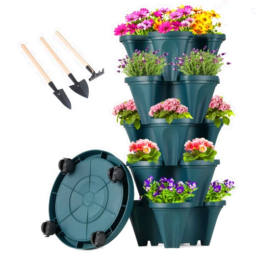GameXcel Vertical Planter Tower - 5 Tier Stackable Garden Planters with Wheels and Tools Plant Pots for Strawberry Herb Flower and Vegetable Indoor Outdoor Use Green