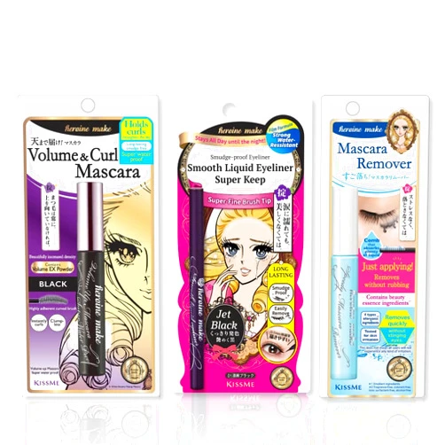 Heroine Make by Kissme Combo Set, Volume up Mascara Super Waterproof, Black + Speedy Mascara Remover from Japan + Smooth Liquid Eyeliner Super Keep, Jet Black
