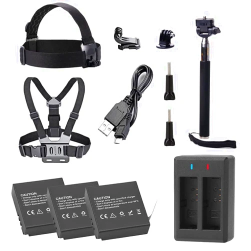 VVHOOY Action Camera Accessories Kit Head Strap Mount Chest Harness Selfie Stick Rechargeable Batteries Compatible with Akaso Brave 7 LE, Victure AC940/AC960, XTU S3, WOLFANG ‎GA400/GA420, Campark V40