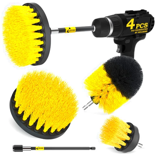 Holikme 4 Pack Drill Brush Attachments Set, Power Scrubber with Extend Long Attachment，Cleaning Supplies for Bathtub, Shower, Grout, Tile(Yellow)