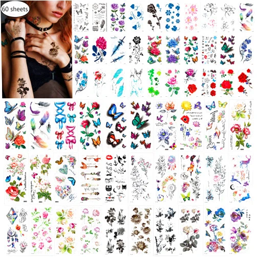 Pinone 60 Sheets Waterproof Butterfly Flower Temporary Tattoos Stickers for Women,Multiple Design Styles