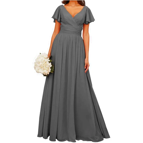 King Noiva Bridesmaid Dresses for Women V Neck Chiffon Formal Party Gown A Line Long Maxi Party Gown KN1296