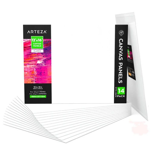 ARTEZA Canvas Boards for Painting, 12 x 16 Inches, Pack of 14, Blank White Canvas Panels for Acrylic, Oil and Gouache Painting
