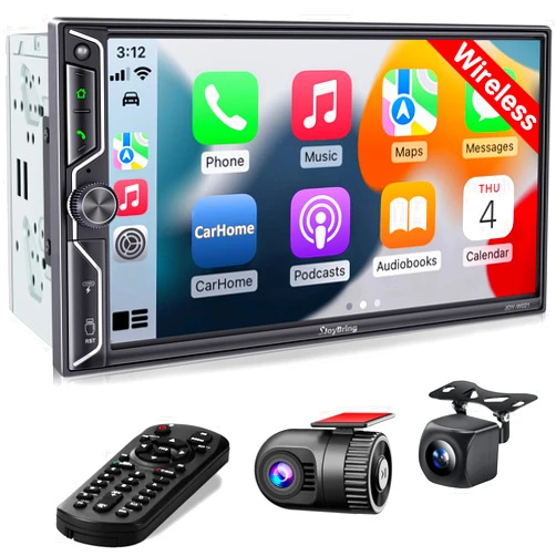 SJOYBRING [QLED Screen Upgrade] Double Din Car Stereo with Dash Cam, Wireless Apple CarPlay and Android Auto, Bluetooth 5.3, 4.2-Channel Audio Output, MirrorLink, Backup Camera, AM/FM Car Radio