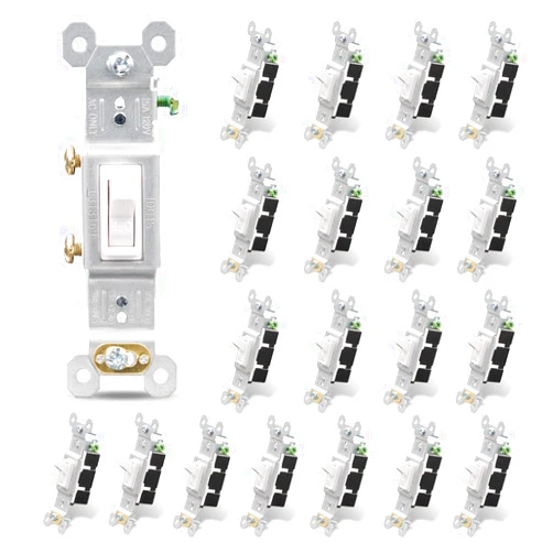 ELEGRP Single Pole Toggle Light Switch, 15 Amp, 120 Volt, Toggle Framed AC Quiet Switch, In Wall On/Off Switch Replacement, Self-Grounding, Residential and Commercial Grade, UL (20 Pack, Glossy White)