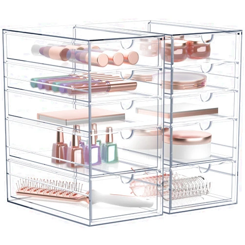 Sorbus Makeup Organizer With 10 Drawers, Acrylic Drawer Organizer for Makeup, Office Organization and Storage, Art Supplies, Jewelry, Stationary - 2 Pcs Clear Stackable Storage Bins Organizer Drawers