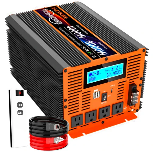JARXIOKE 4000 Watt Pure Sine Wave Power Inverter 24V DC to 110V 120V Converter for Family RV Off Grid Solar System Car with Type-C Ports 4 AC Power Outlets Dual USB Ports LCD Display and Remote Control