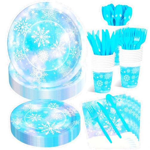 Jremreo 175 Pcs Snowflake Winter Wonderland Tableware Set - Serves 25, Snowflake-Themed Disposable Plates, Cups, Napkins, Forks, Spoons, Knives for Christmas, Winter Party Supplies, Holiday Gatherings