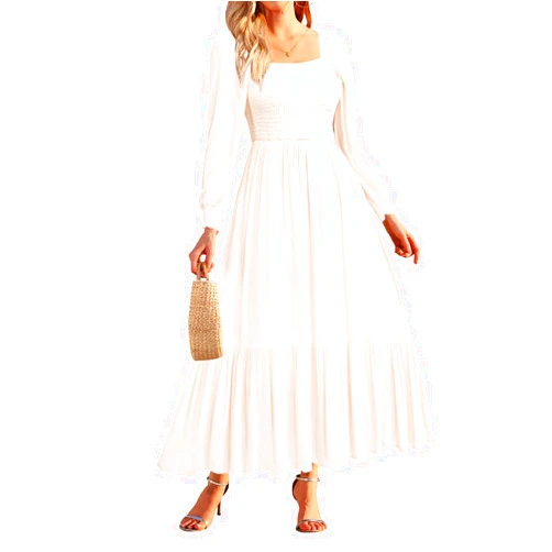Holipick Women's Casual Dress Square Neck Smocked Shirred Puff Sleeve Cute Long Flowy Maxi A Line Boho Dresses