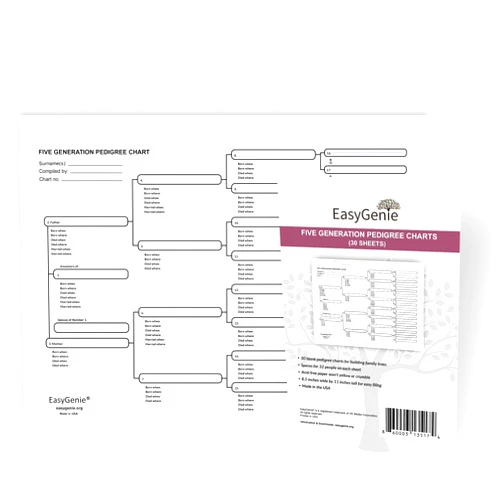 EASYGENIE Five Generation Pedigree Charts (30 Acid-Free Sheets, 8.5 by 11 inches) Blank Genealogy Diagrams To Fill In