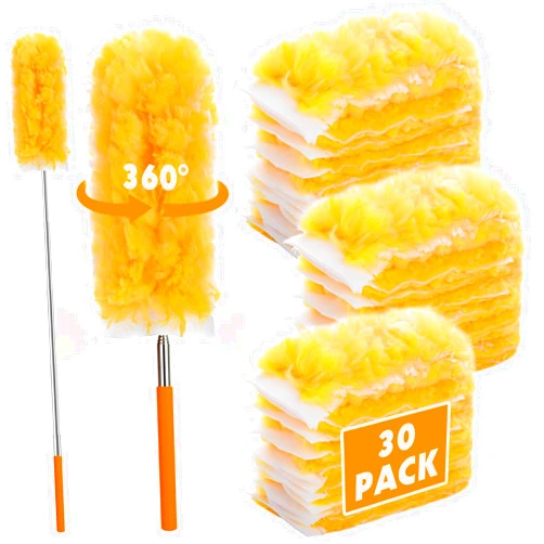 Xincusdiva Dusters for Cleaning Disposable, Duster Refill Heads 30pcs with Retractable Handle, 360° Multi-Surface Efficient Duster Kit, 4X Microfibers Replacement Dusters for Home, Office, Blinds, Ceiling Fans