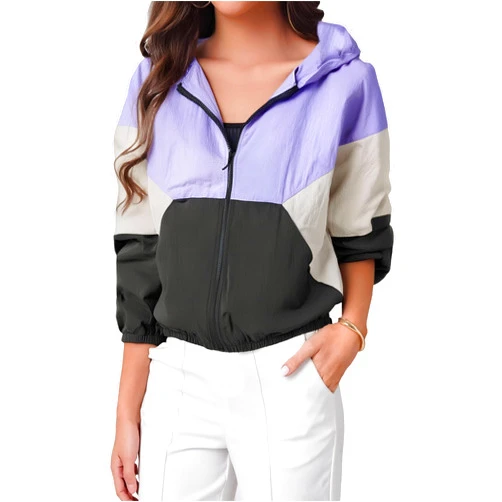 SweatyRocks Women's Casual Color Block Drawstring Hooded Windbreaker Jacket