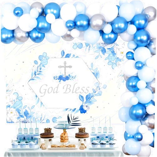 Cheereveal Baptism Party Decorations for Boys Blue, God Bless Party Decorations Blue and Silver Balloon Garland Kit with Backdrop Cross Foil Balloon for First Communion Confirmation Party Supplies