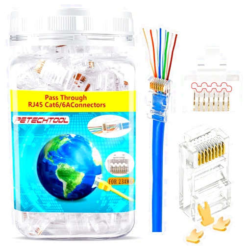 PETECHTOOL RJ45 23AWG Cat6a Cat6 Connector Gold Plated 8P8C Pass Through Ends UTP Network Plug for Unshielded Twisted Pair Solid Wire & Standard Cables | Transparent Passthrough Ethernet Connector (100Packs)