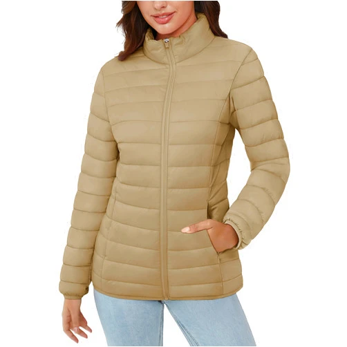 MAGCOMSEN Women's Puffer Jacket Lightweight Quilted Padded 4 Pockets Zip-up Stand-collar Winter Fleece Coat