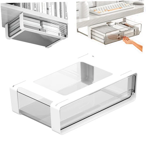 AEIOFU Under Cabinet Drawers Adhesive Under Shelf Drawer Under Desk Drawer Under Desk Shelf Clear Slide Out Cabinet Organizer Durable Plastic Under Desk Storage for Kitchen Pantry, Cabinet Accessories