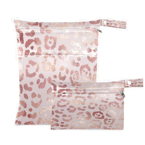 AUUXVA Wet Dry Bags Set Pastel Pink Leopard Print,Cloth Diaper Wet Bag Waterproof Reusable with Two Zippered Pockets for Travel Beach Pool Swimsuits Wet Clothes,2pcs
