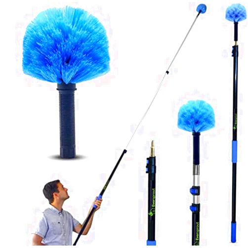 EVERSPROUT 5-to-12 Foot Cobweb Duster with Extension Pole Combo (20 Ft Reach, Medium-Stiff Bristles), Spider Web Brush with Pole - Hand-Packaged, Lightweight, 3-Stage Aluminum Pole