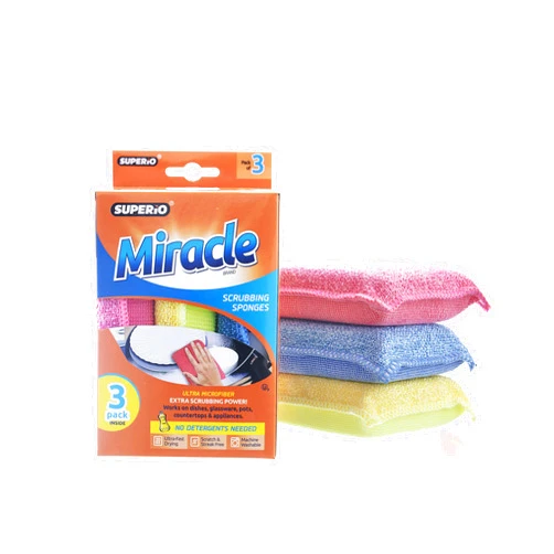 Superio Miracle Microfiber scrubbing Sponges Non-Scratch Sponge Scrubber Heavy Duty Multi-Purpose Cleaning of Dishes, Kitchen, Baths, and Countertops, Machine Washable, 3 Pack, by Superio