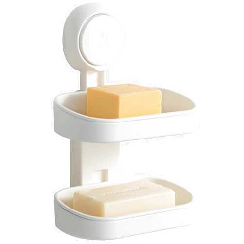 LEVERLOC Soap Dish Holder for Shower Double Layer Suction Cup Wall Mounted NO-Drilling Self Draining Removable Waterproof Strong Suction Bar Soap Sponge Holder for Shower Bathroom Bathtub Kitchen