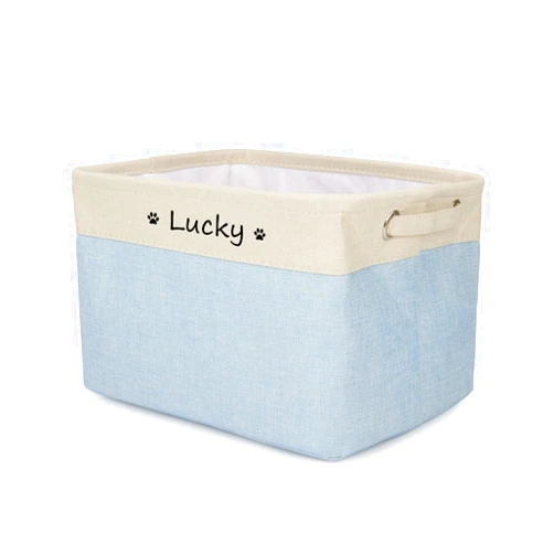 Cuperay Personalized Dog Toy Bin , Foldable Dog Toy Basket Storage with Handles , Customized Name and Paw Print Pet Toy Box for Organizing Food Clothes Blanket and Pets Accessories(Beige Blue)