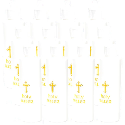 Hiceeden 12 Pack 250ML Holy Water Bottles Catholic, Empty Container Holy Water Plastic Bottle, Cylindrical Holy Water Flask with Gold Cross Pattern, White(8.4oz)
