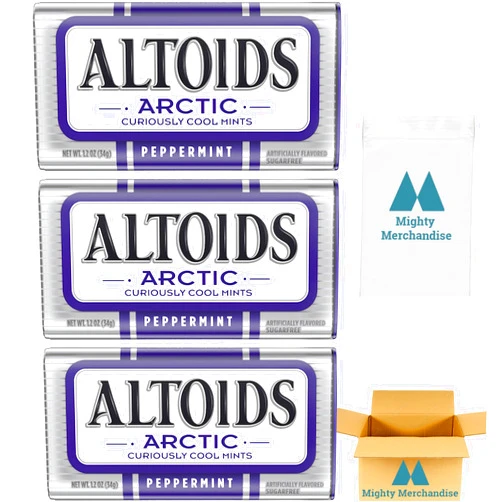 Mighty Merchandise Altoids Arctic Peppermint Mints | 1.2 oz Tins (Pack of 3) | Sweet and Refreshing | Ideal for Everyday Freshness | With Mighty Merchandise Pocket Snack Bag