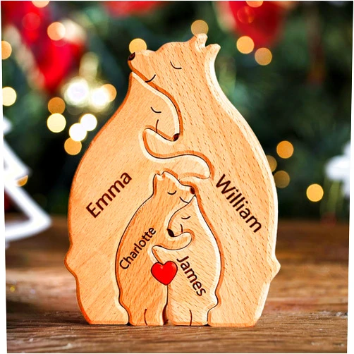 VEELU Personalized Wooden Bear Puzzle with 2-8 Family Names, We are One, Custom Family Name Sculpture, Ideal Gift for Mother's Day, Father’s Day, House Warming Gift, Unique Wooden Decor
