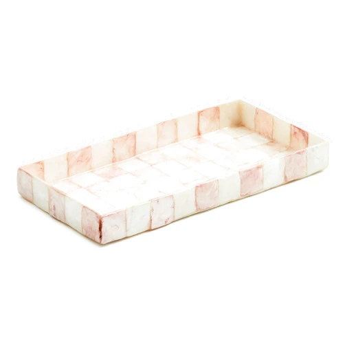 MACKENZIE-CHILDS Capiz Vanity Tray, Rectangular Tray Decor, Pink-and-White Rosy Check
