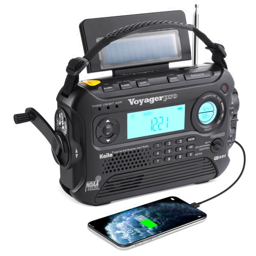 Kaito Voyager Pro KA600 Digital Solar Dynamo Hand Crank AM/FM/LW/SW & NOAA Weather Emergency Radio with Flashlight, Reading Lamp,Smart Phone Charger & RDS and Real-Time Alert, with AC Adapter, Black