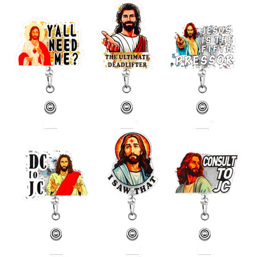 Geyoga 6 Pcs Funny Retractable Jesus Badge Reel Religious ID Card Holder with Alligator Clip Christian Badge Reel for Office Worker Nurse Medical Worker Doctor Teacher