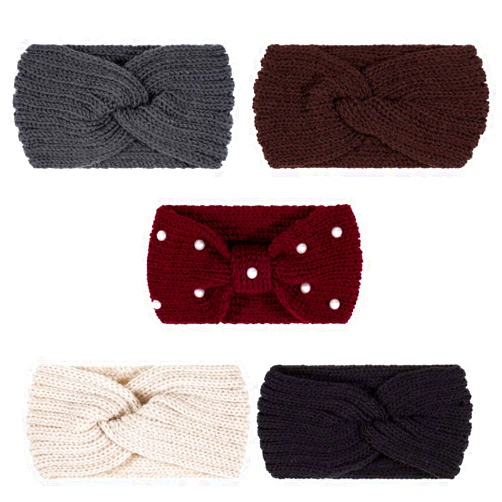 Whaline 5 Pieces Winter Knit Headbands Chunky Knit Headbands,4 Elastic Turban Head Wraps and 1 Pearl Crochet Hair Band, Ear Warmer Crochet Head Wraps for Women Girls (Autumn&Winter Colors)