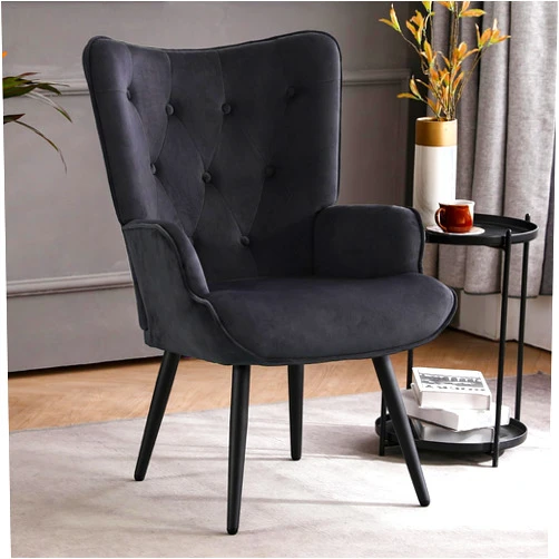 Furniliving Velvet Accent Chair Modern Upholstered Side Armchair with Tapered Legs Tufted Button Wingback Sofa Chairs Tall Back Reading for Living Room Bedroom Waiting Room, Black