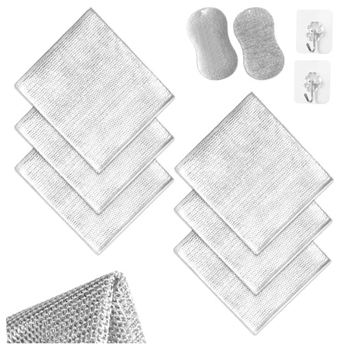 LorSou 6 Pcs Multipurpose Wire Dishwashing Rags, Multifunctional Anti-Scratch Wet and Dry Double-Layer Steel Wire Dishcloth, Reusable, Easy to Rinse, Suitable for Kitchen, Tableware, Stove