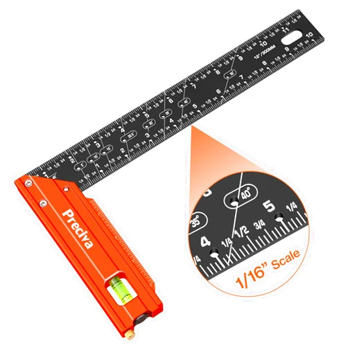 Preciva 12” Carpenter Square Ruler - Aluminum Alloy Framing Square, Right Angle Ruler Metal Square with Edge Support, Multiple Angle Markings and Level Bubble