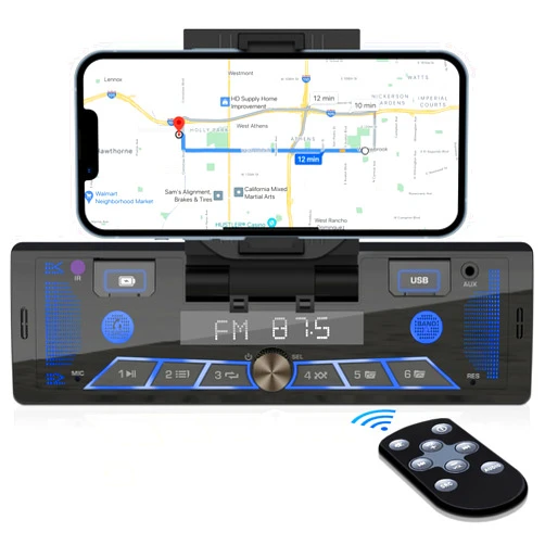 SOUNDKITS Single-Din Stereo with Car Phone Holder - Bluetooth Car Radio - Push to Talk Assistant Multi Color LCD AM FM Tuner AUX USB Built-in Mic Wireless Remote Control
